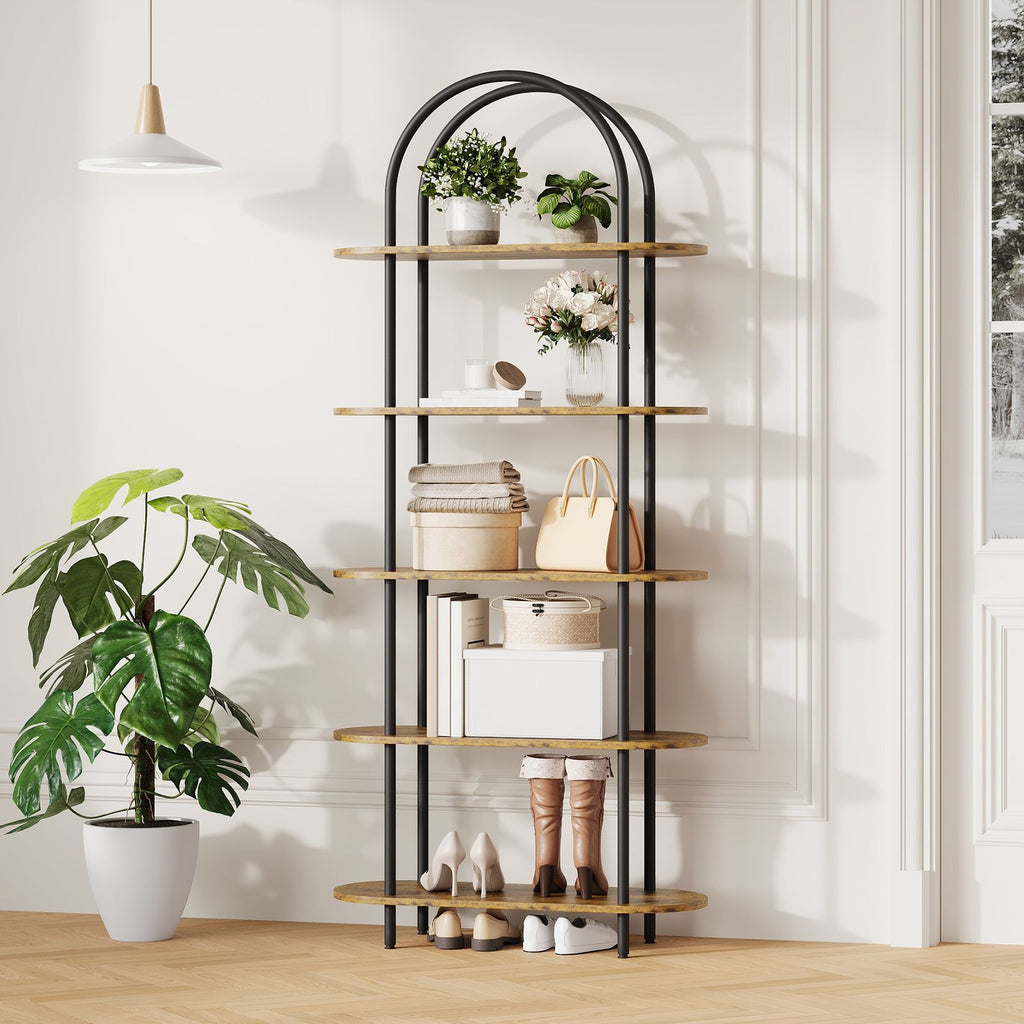 5-Tier Modern Arched Bookshelf with Metal Frame & Shelves - Adjustable Feet Freestanding Tall Display Shelf Suitable for Bedroom, Living Room, Bookcase for Books, Decor, Display, Assembly Required, Arched for Narrow Spaces
