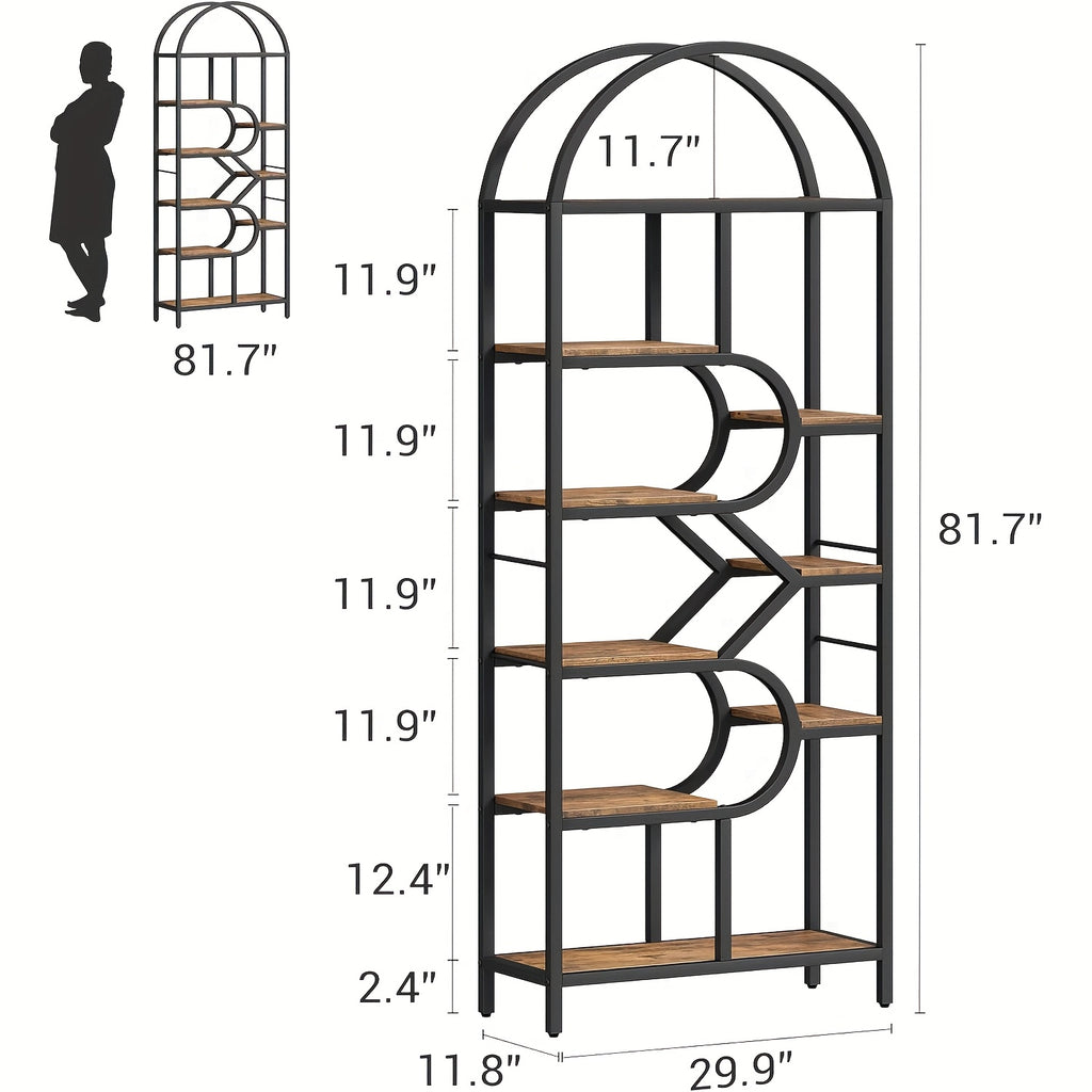 Metal Farmhouse Bookcase with Arched Door & Drawer Shelving - Round Display Cabinet, Painted Freestanding Bookshelf Suitable for Living Room, Kitchen, Office - Assembly, Metal Storage Rack
