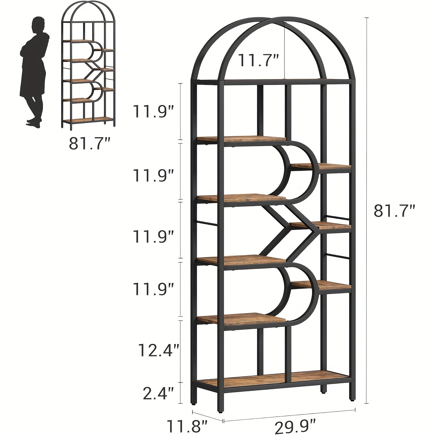 Metal Farmhouse Bookcase with Arched Door & Drawer Shelving - Round Display Cabinet, Painted Freestanding Bookshelf Suitable for Living Room, Kitchen, Office - Assembly, Metal Storage Rack