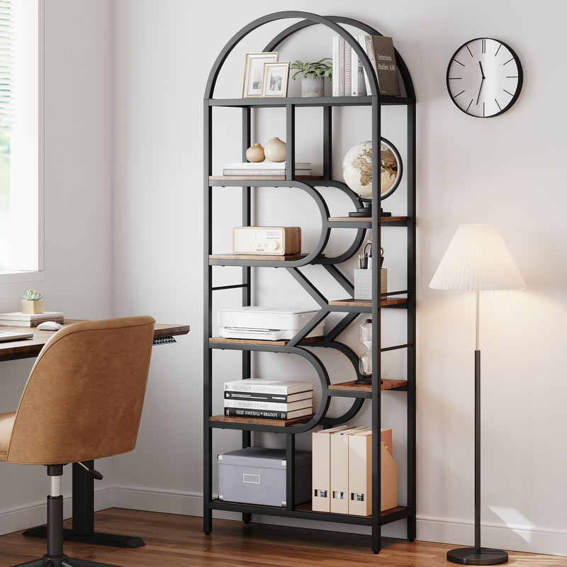 6-Tier Arched Bookshelf with Geometric Open Shelves, 81.7in Tall Modern Metal Frame Book Rack for Bedroom, Living Room, and Home Office Storage