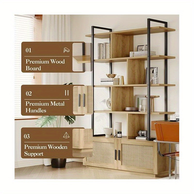 5-Tier Tall Bookshelf with Wide Open Shelves - Freestanding Metal Frame & Rattan Bookcase Suitable for Living Room, Bedroom, Home Office - Assembly, Spacious Storage, Modern Classic