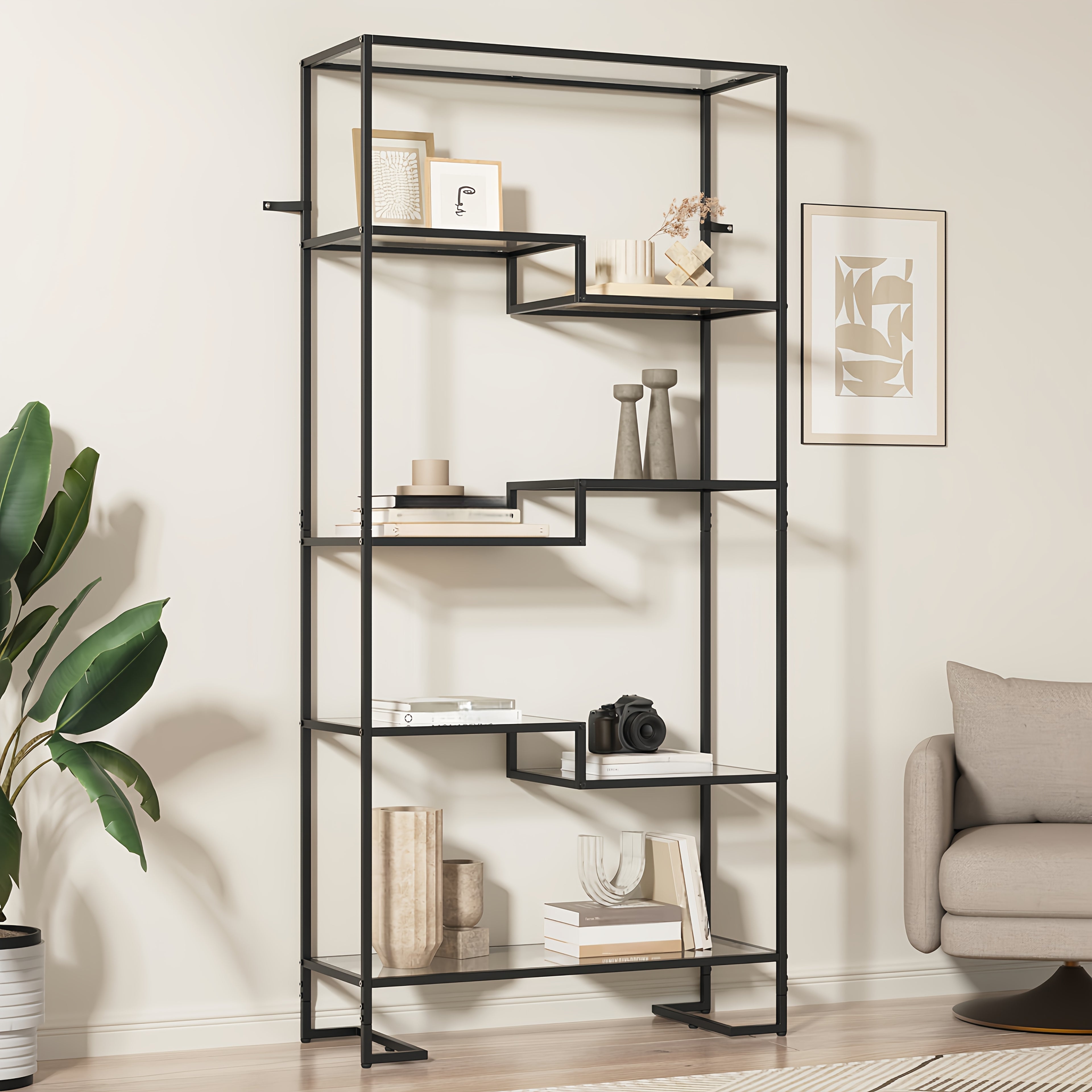 5-Tier Modern Tall Bookshelf with Glass Shelves & Metal Frame - Golden\u002FBlack Open Shelving Display Case Suitable for Living Room, Home Office, Bedroom - Easy Assembly, Sturdy Glass & Metal