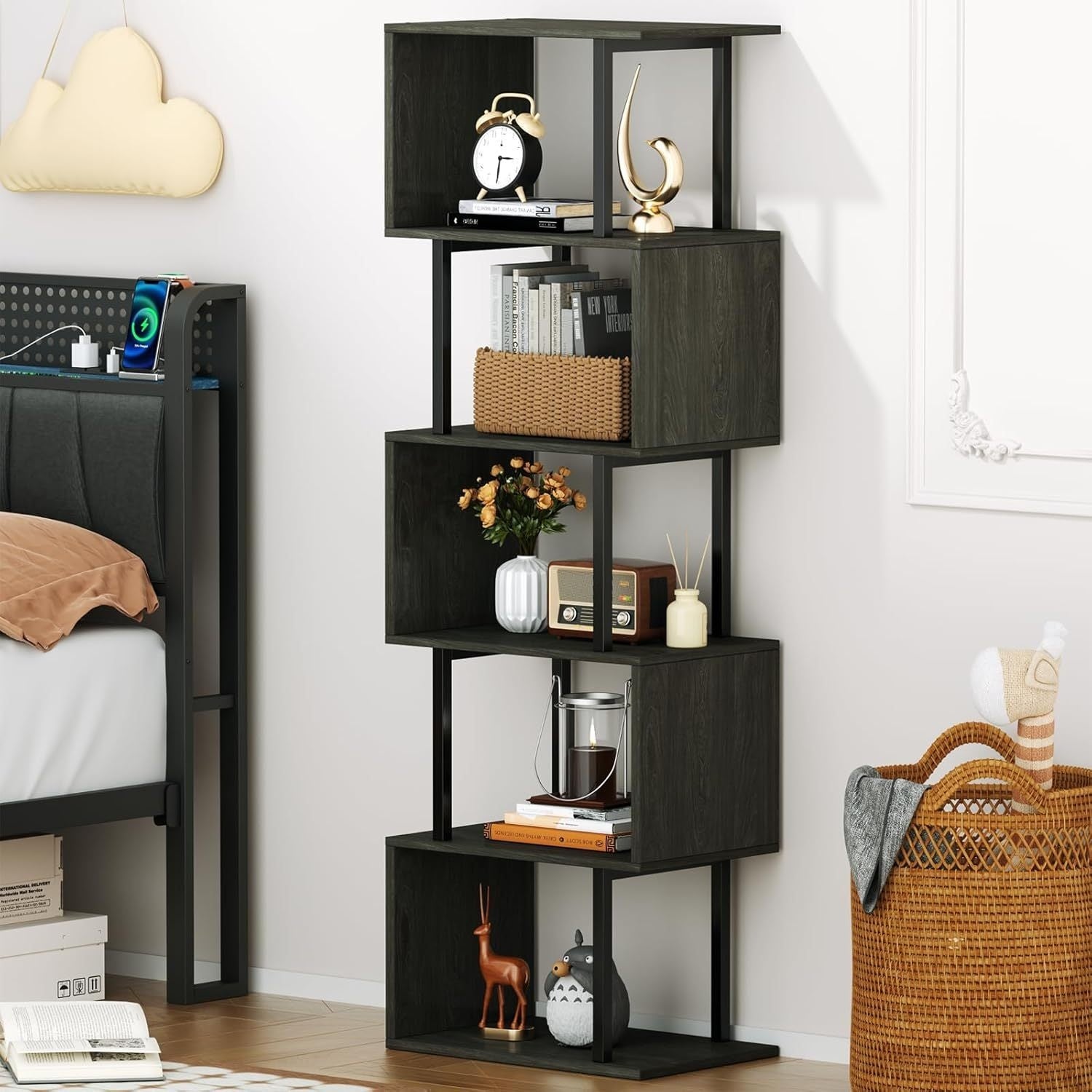 6-tier Tall Bookshelf, Lofty Geometric Book Cabinet, S-shaped Industrial-style Display Freestanding Bookshelf, Metal And Wood Decorative Storage Partition Rack, Suitable for Bedroom, Living Room, Office, Black\u002Fwhite