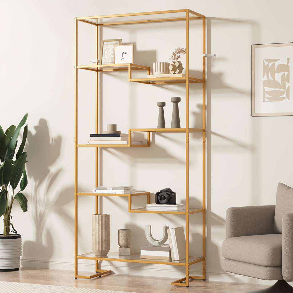 5-Tier Modern Tall Bookshelf with Glass Shelves & Metal Frame - Golden\u002FBlack Open Shelving Display Case Suitable for Living Room, Home Office, Bedroom - Easy Assembly, Sturdy Glass & Metal