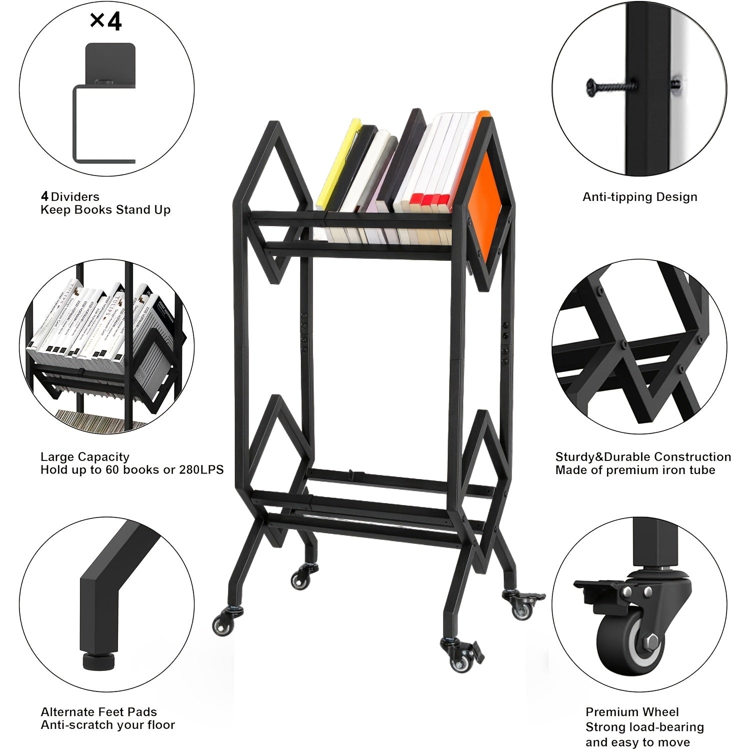 2 Tier Industrial Metal Bookshelf Cart | Modern Stylish Design With Wheels, Freestanding, Suitable For Living Room, Sofa End, Bedside Storage For Magazines, Files, Albums, Recipe Books