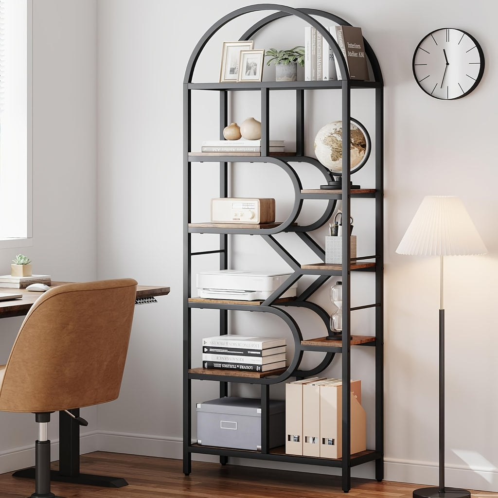 Metal Farmhouse Bookcase with Arched Door & Drawer Shelving - Round Display Cabinet, Painted Freestanding Bookshelf Suitable for Living Room, Kitchen, Office - Assembly, Metal Storage Rack