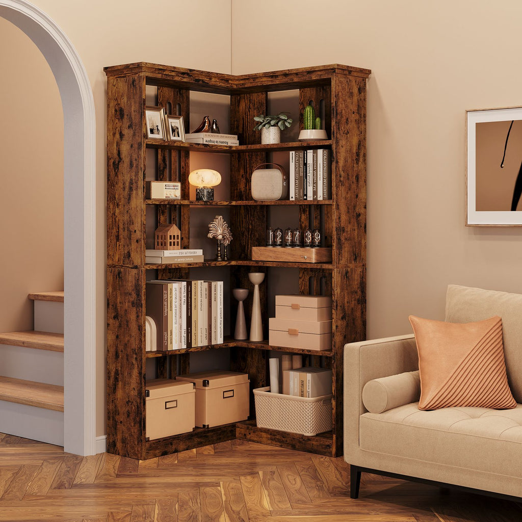 72-Inch L-Shaped Wooden Bookcase with 5 Spacious Shelves | Rustic Design, Anti-Tip Safety, Easy Assembly, Ideal for Living Room or Office, Dimensions 35.6\