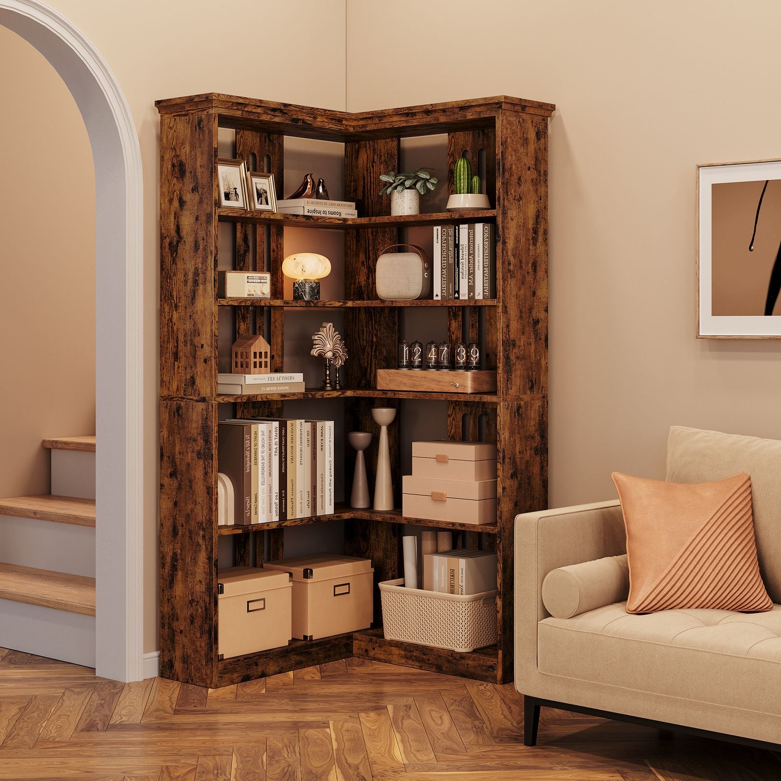 72-Inch L-Shaped Wooden Bookcase with 5 Spacious Shelves | Rustic Design, Anti-Tip Safety, Easy Assembly, Ideal for Living Room or Office, Dimensions 35.6\