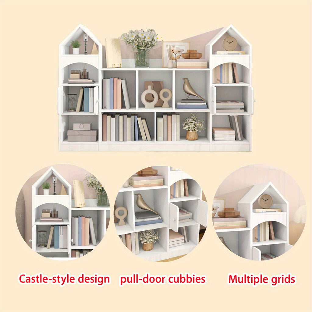 Modern Castle-Shaped Bookcase & Storage Cabinet with Shelves - Cool White Suitable for Living Room, Entryway, Bedroom, -Standing \u002FPlywood Furniture, Space-Saving Tower Cabinet with Assembly for Room Decor or Holiday Gift