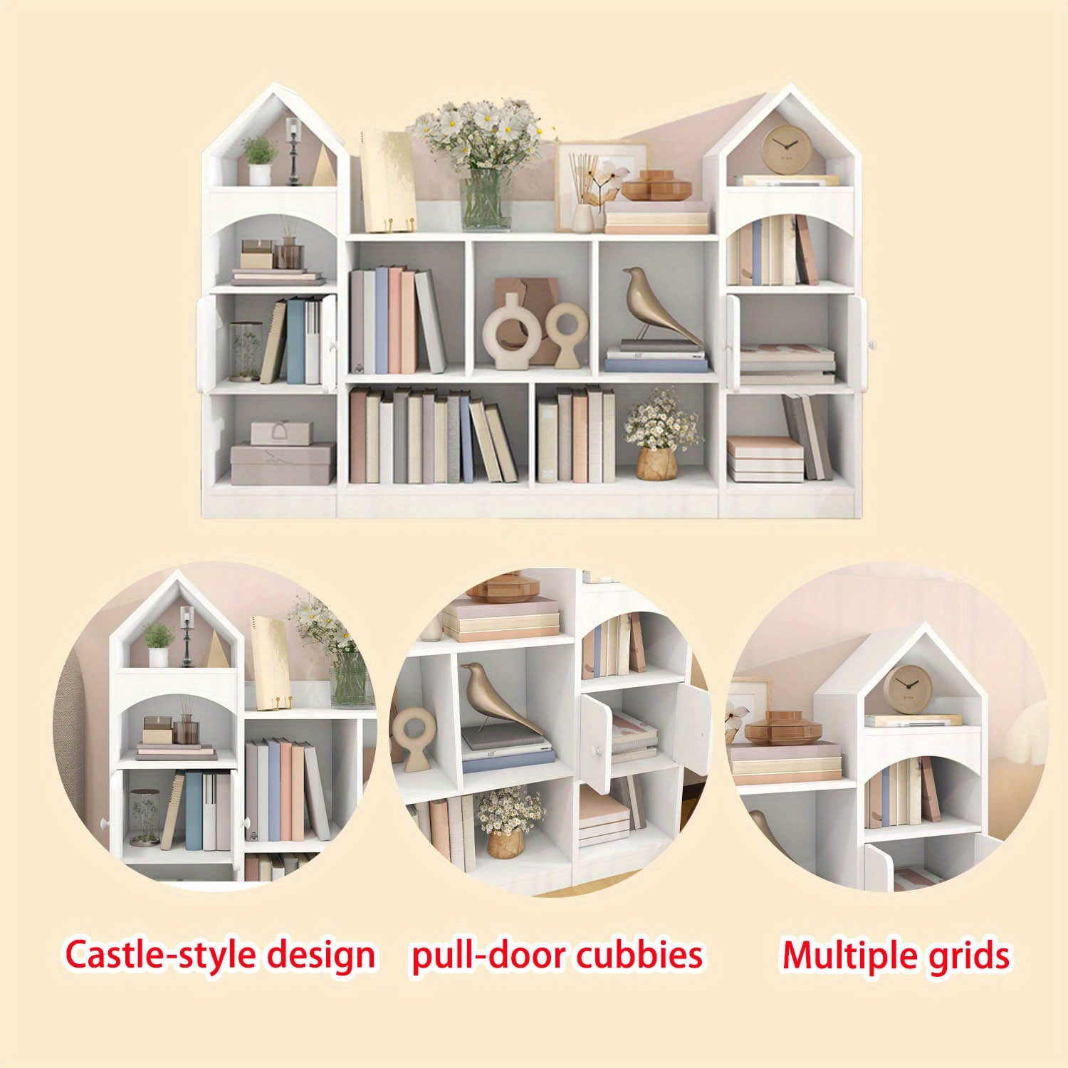 Modern Castle-Shaped Bookcase & Storage Cabinet with Shelves - Cool White Suitable for Living Room, Entryway, Bedroom, -Standing \u002FPlywood Furniture, Space-Saving Tower Cabinet with Assembly for Room Decor or Holiday Gift
