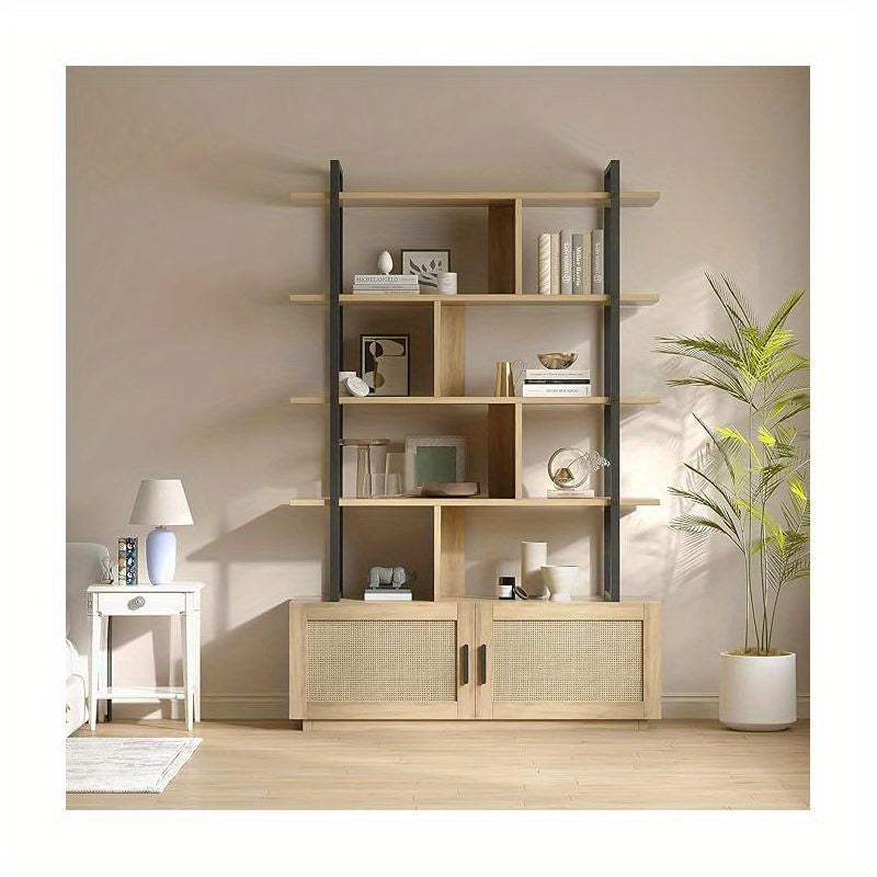 5-Tier Tall Bookshelf with Wide Open Shelves - Freestanding Metal Frame & Rattan Bookcase Suitable for Living Room, Bedroom, Home Office - Assembly, Spacious Storage, Modern Classic