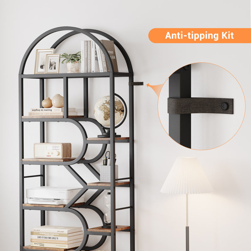 6-Tier Arched Bookshelf with Geometric Open Shelves, 81.7in Tall Modern Metal Frame Book Rack for Bedroom, Living Room, and Home Office Storage