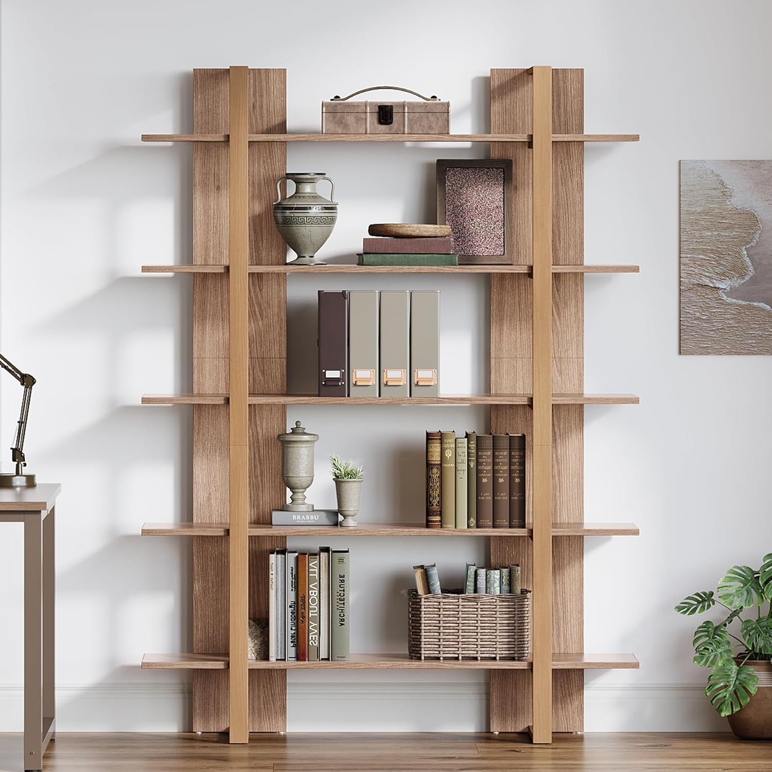 Boho Bookcase 5-Tier Book Shelf, 47 Inches Wide Bookcase | Boho Open Bookshelves Etagere Display Office Shelving Unit for Living Room, Office & Bedroom - Unique Wooden Decor Furniture, Christmas Decorations for Home, Easy Assembly, Mounted Closet Systems