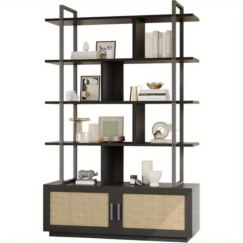 5-Tier Tall Bookshelf with Wide Open Shelves - Freestanding Metal Frame & Rattan Bookcase Suitable for Living Room, Bedroom, Home Office - Assembly, Spacious Storage, Modern Classic