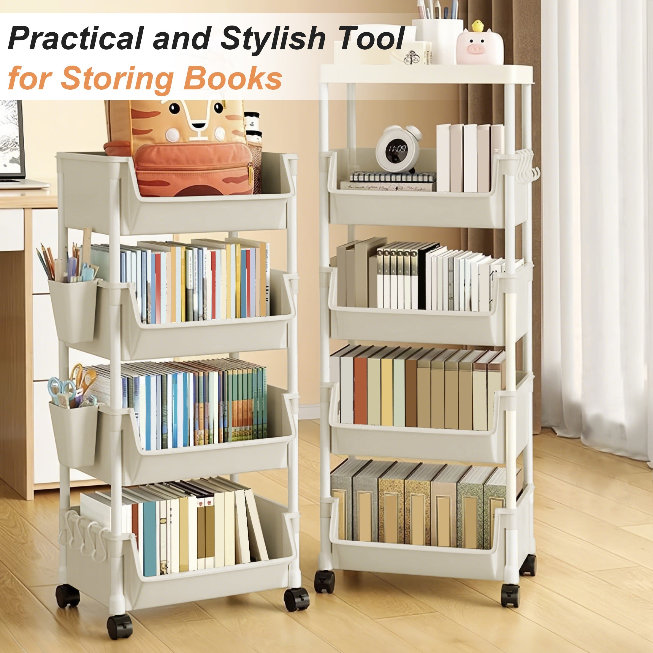 Multi-Functional Bookshelf, Floor Standing Storage Rack, Movable Snack & Sundries Cart, Multi-Layer Organizer Shelf for Living Room And Kitchen
