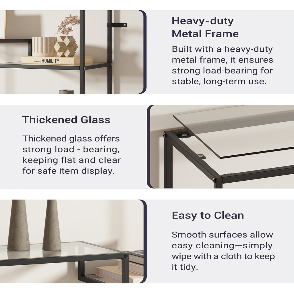 5-Tier Modern Tall Bookshelf with Glass Shelves & Metal Frame - Golden\u002FBlack Open Shelving Display Case Suitable for Living Room, Home Office, Bedroom - Easy Assembly, Sturdy Glass & Metal
