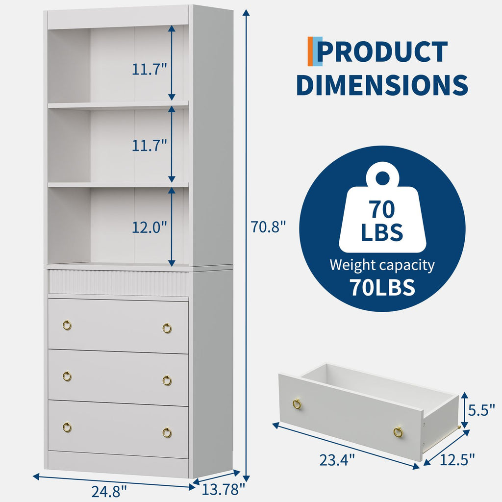 Elegant Modern 3-Drawer Wave Bookcase with Ample Storage - Solid Wood Shelf, Layered Shelves & Spacious Drawers, Assembly Standing Desk Shelf for Home Office, Compatible with Books & Decor (Space-Saving Furniture Gift) 27\