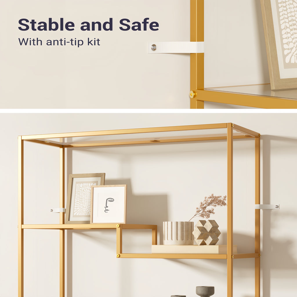 5-Tier Modern Tall Bookshelf with Glass Shelves & Metal Frame - Golden\u002FBlack Open Shelving Display Case Suitable for Living Room, Home Office, Bedroom - Easy Assembly, Sturdy Glass & Metal
