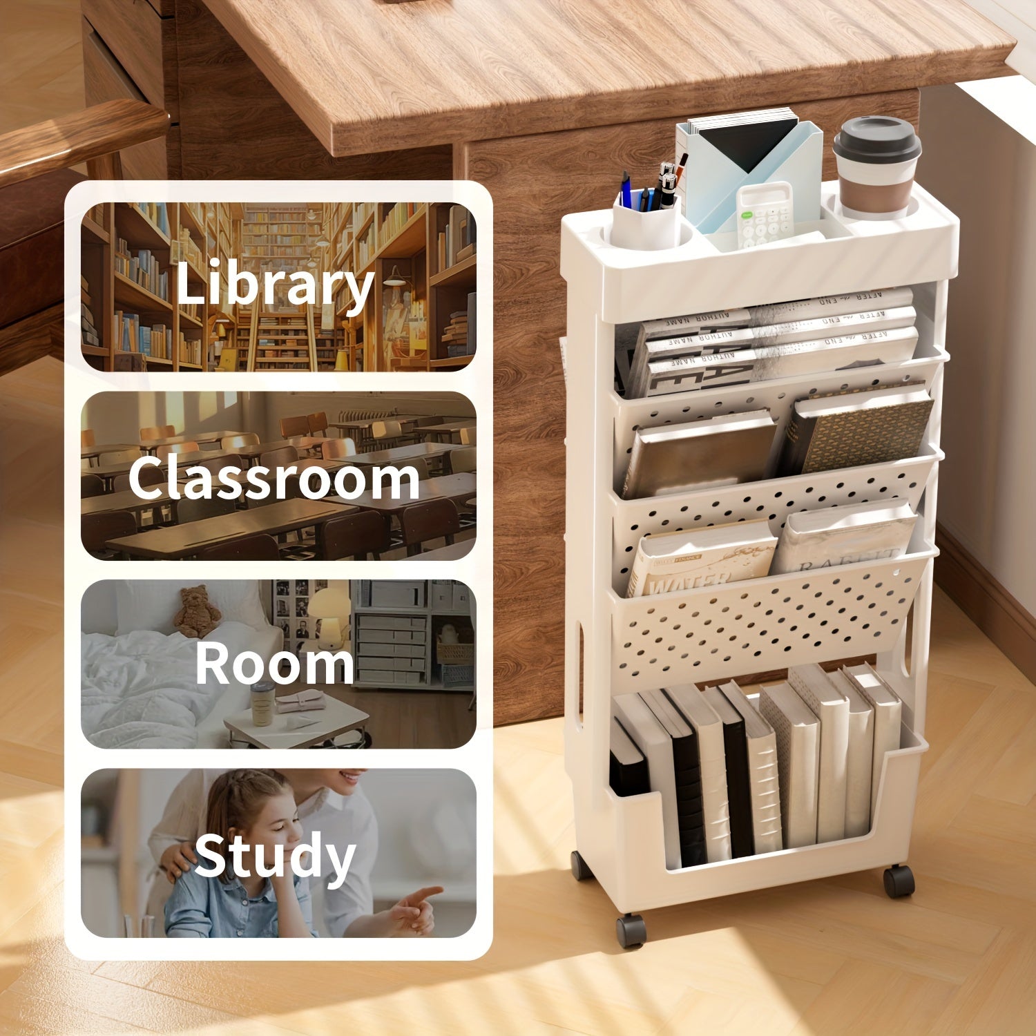 Desktop Office Study Room 2\u002F5-layer Book Storage Box with Wheels 1pc | Desk-mounted, Multi-scene Use | Classroom Bookshelf, Student Book Case, Utility Shelves