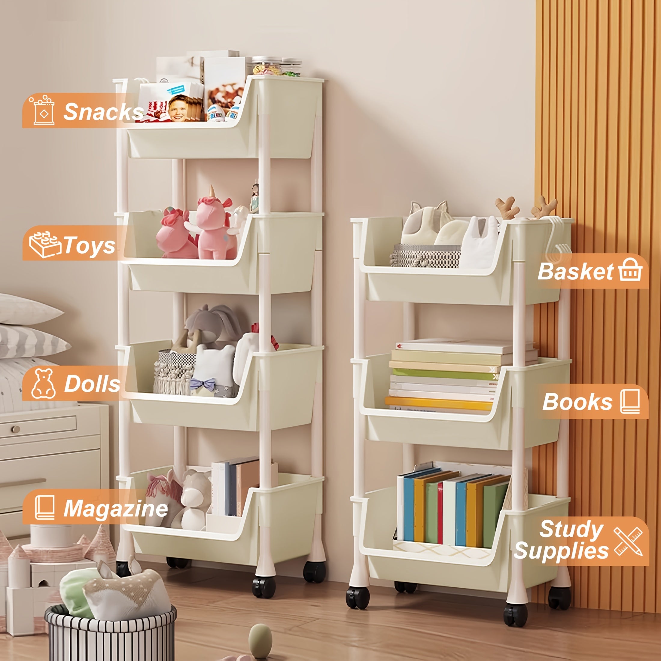 Multi-Functional Bookshelf, Floor Standing Storage Rack, Movable Snack & Sundries Cart, Multi-Layer Organizer Shelf for Living Room And Kitchen