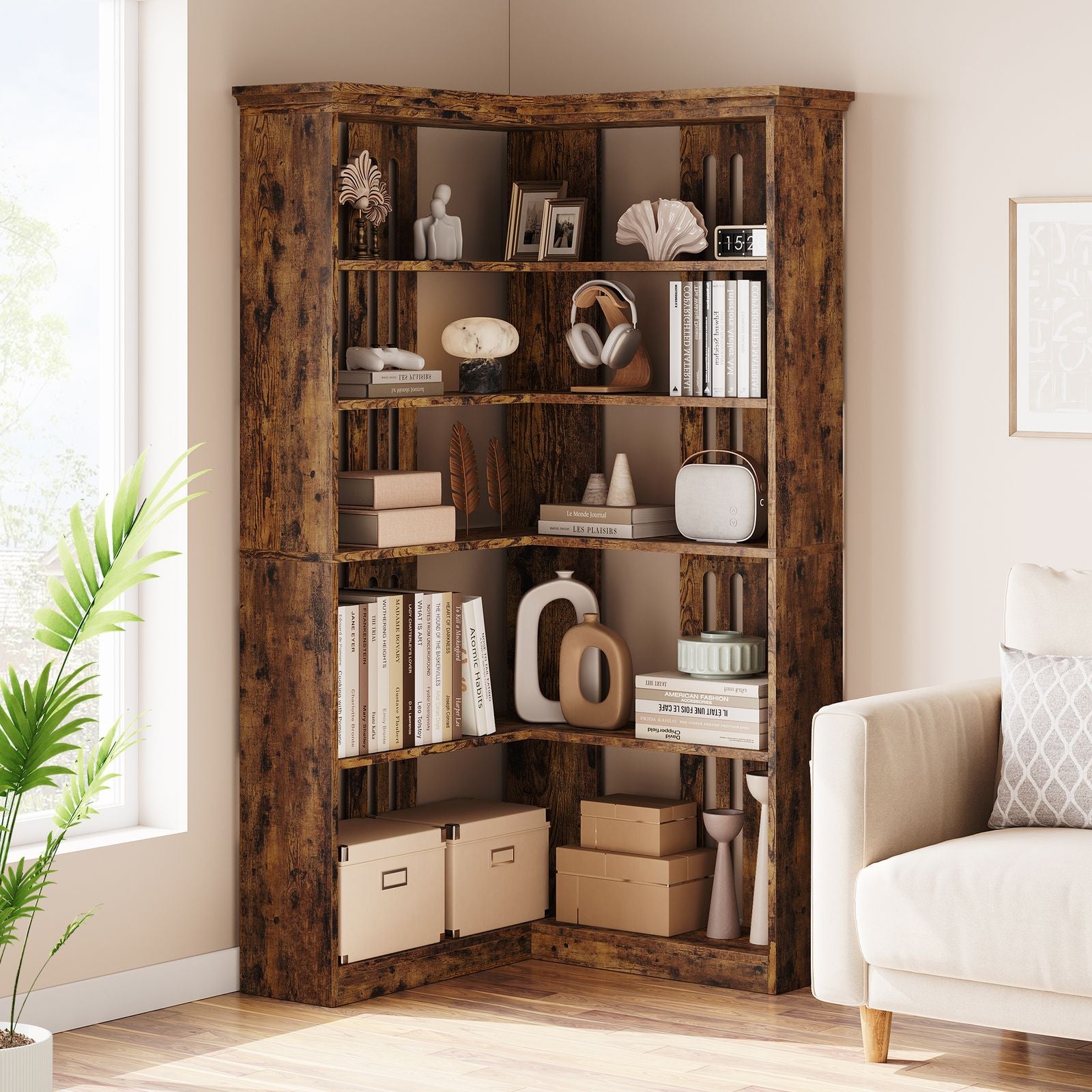 72-Inch L-Shaped Wooden Bookcase with 5 Spacious Shelves | Rustic Design, Anti-Tip Safety, Easy Assembly, Ideal for Living Room or Office, Dimensions 35.6\
