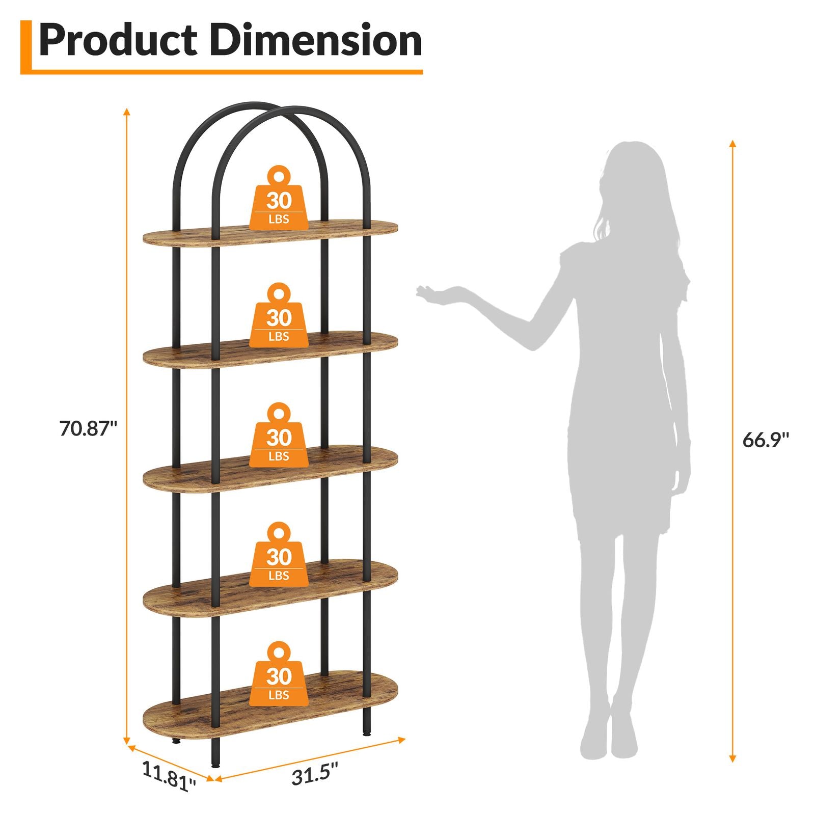 5-Tier Modern Arched Bookshelf with Metal Frame & Shelves - Adjustable Feet Freestanding Tall Display Shelf Suitable for Bedroom, Living Room, Bookcase for Books, Decor, Display, Assembly Required, Arched for Narrow Spaces