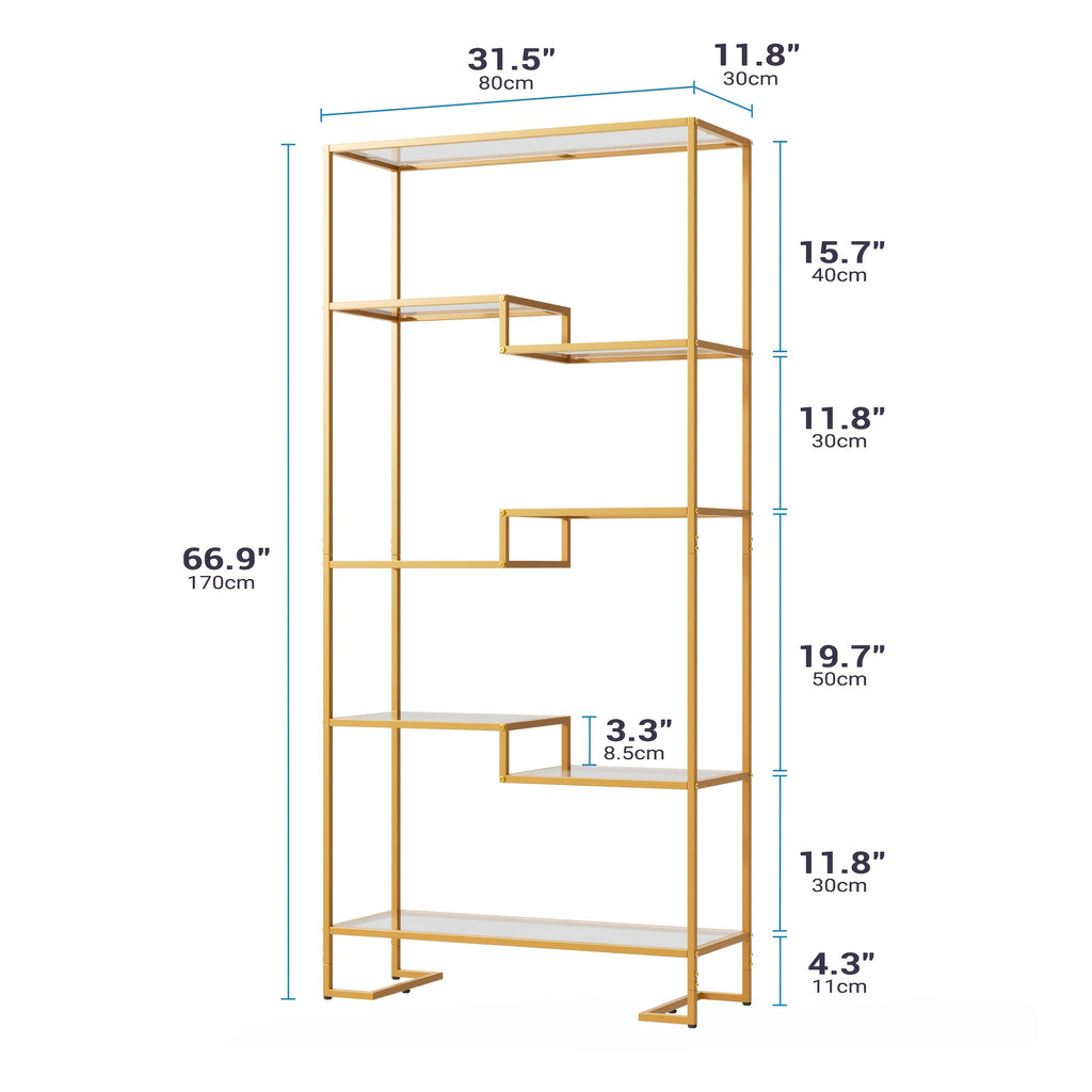 5-Tier Modern Tall Bookshelf with Glass Shelves & Metal Frame - Golden\u002FBlack Open Shelving Display Case Suitable for Living Room, Home Office, Bedroom - Easy Assembly, Sturdy Glass & Metal