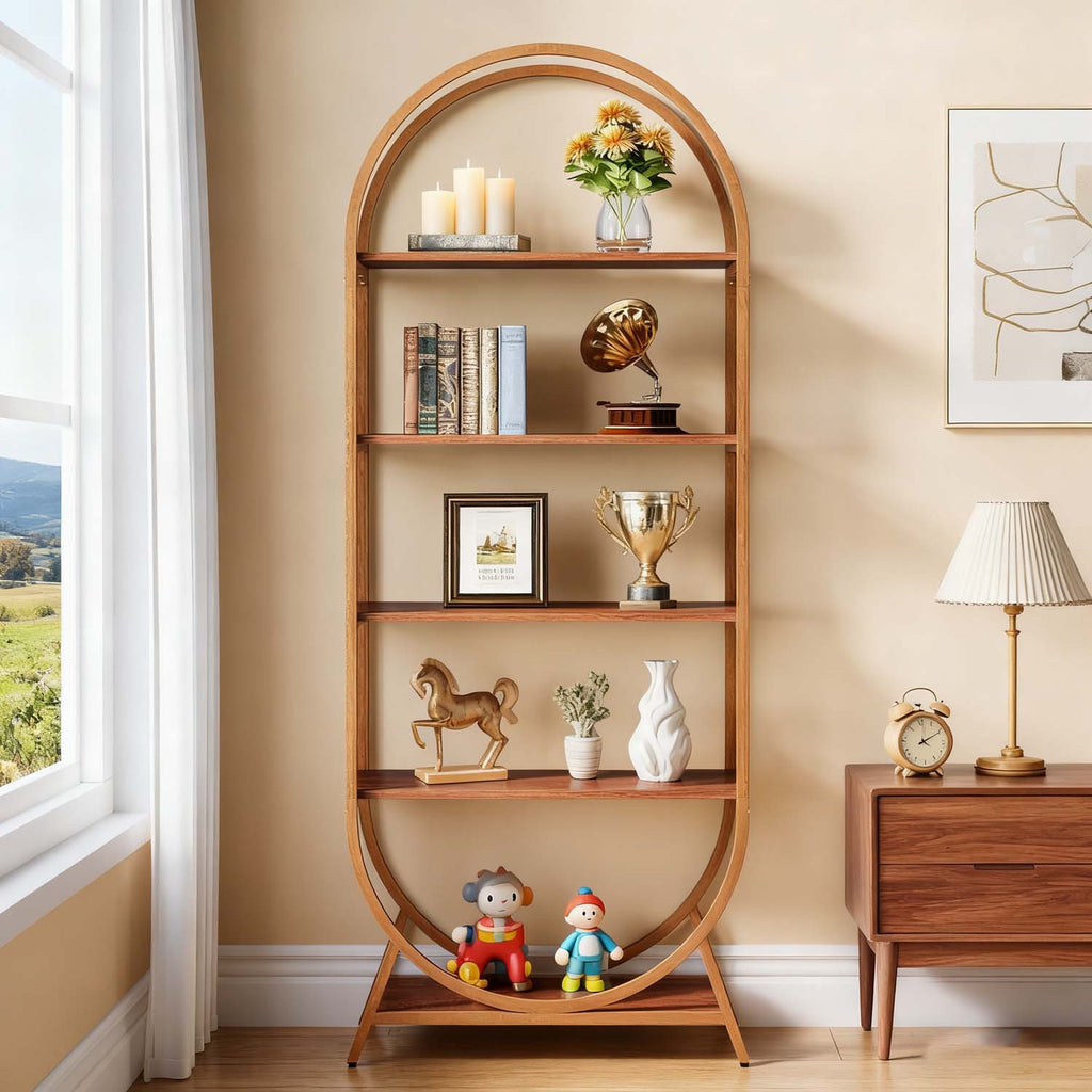 1pc Modern Brown 5-Tier Arched Bookcase Tall 70.8\
