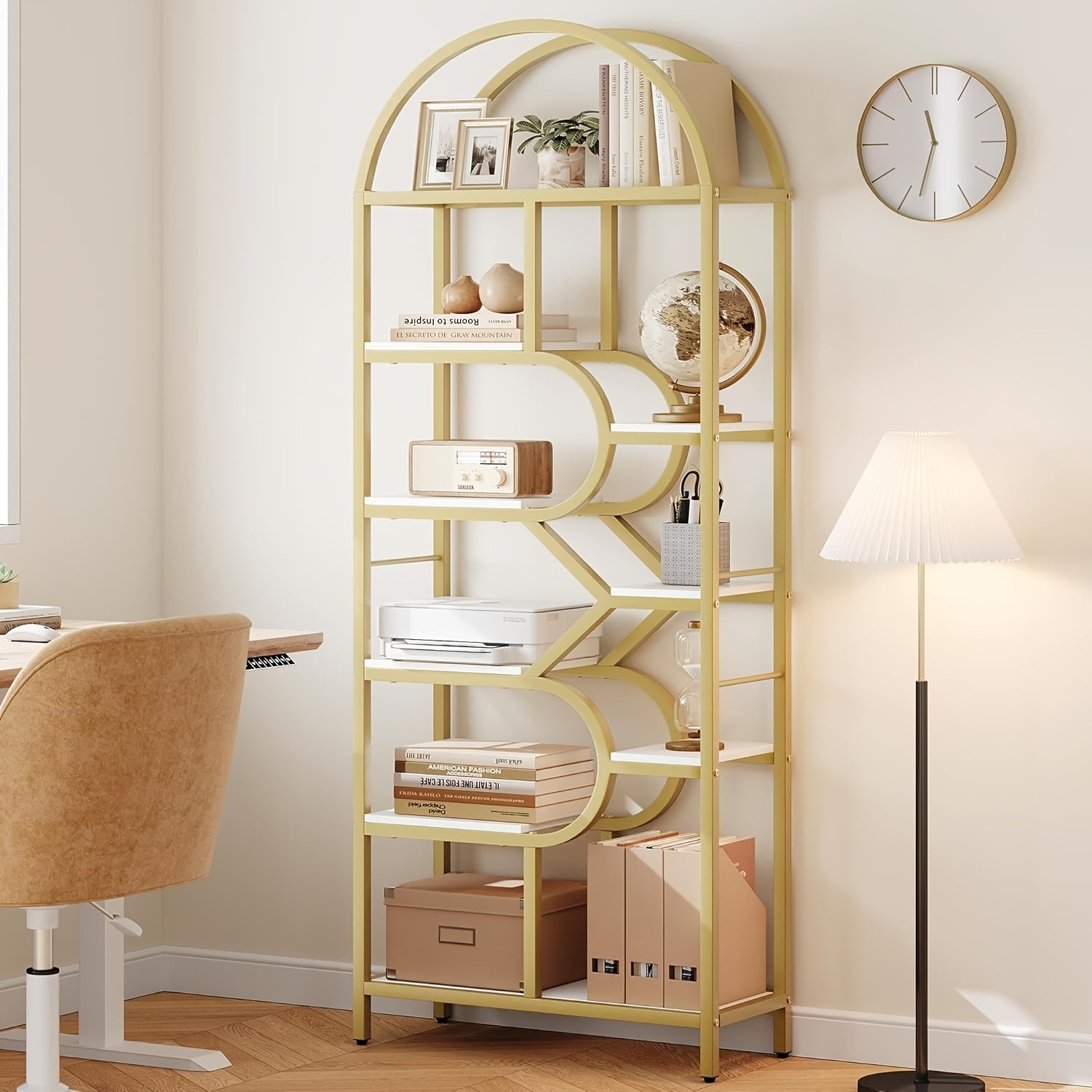 Metal Farmhouse Bookcase with Arched Door & Drawer Shelving - Round Display Cabinet, Painted Freestanding Bookshelf Suitable for Living Room, Kitchen, Office - Assembly, Metal Storage Rack