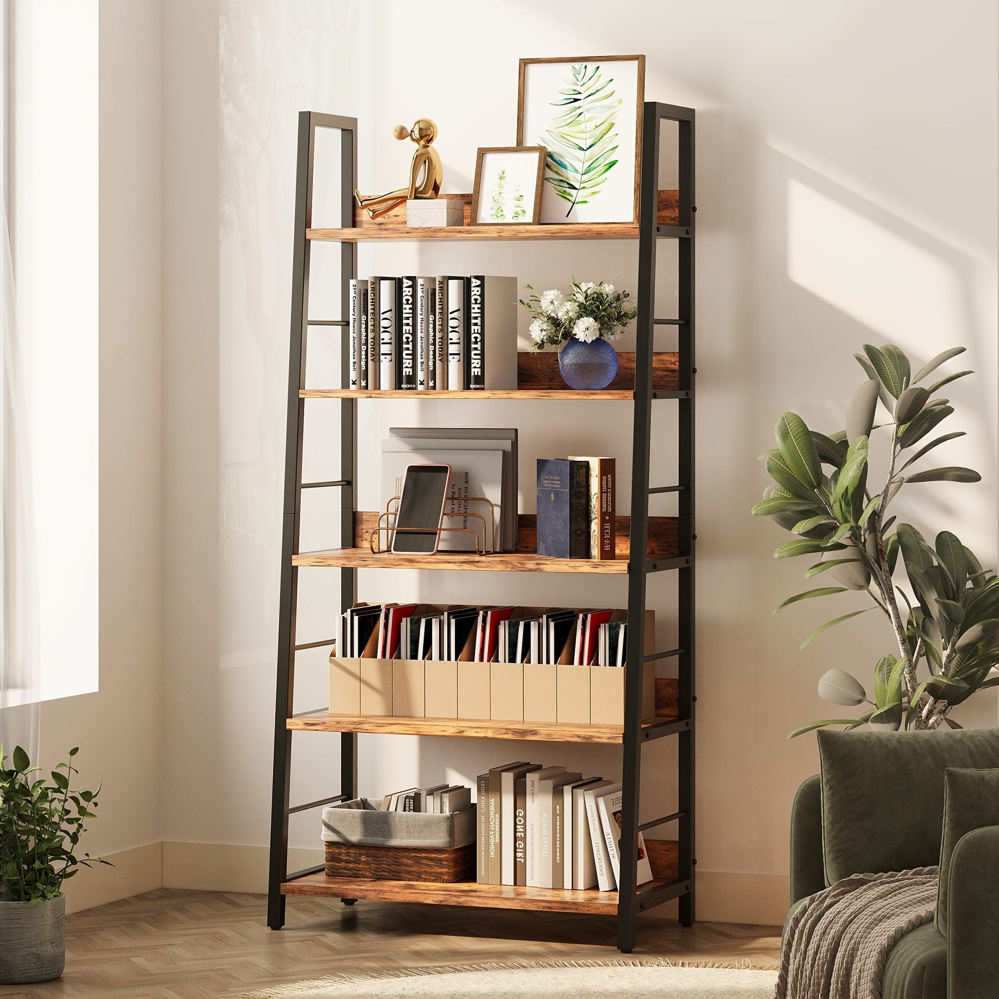 Industrial Style Living Room Ladder Shelf Bookshelf And Bookcase, Bookshelf, Ladder Shelf, 5-layer Metal Frame, Suitable For Living Room, Home Office Multi-scene Multi-purpose, Country Brown