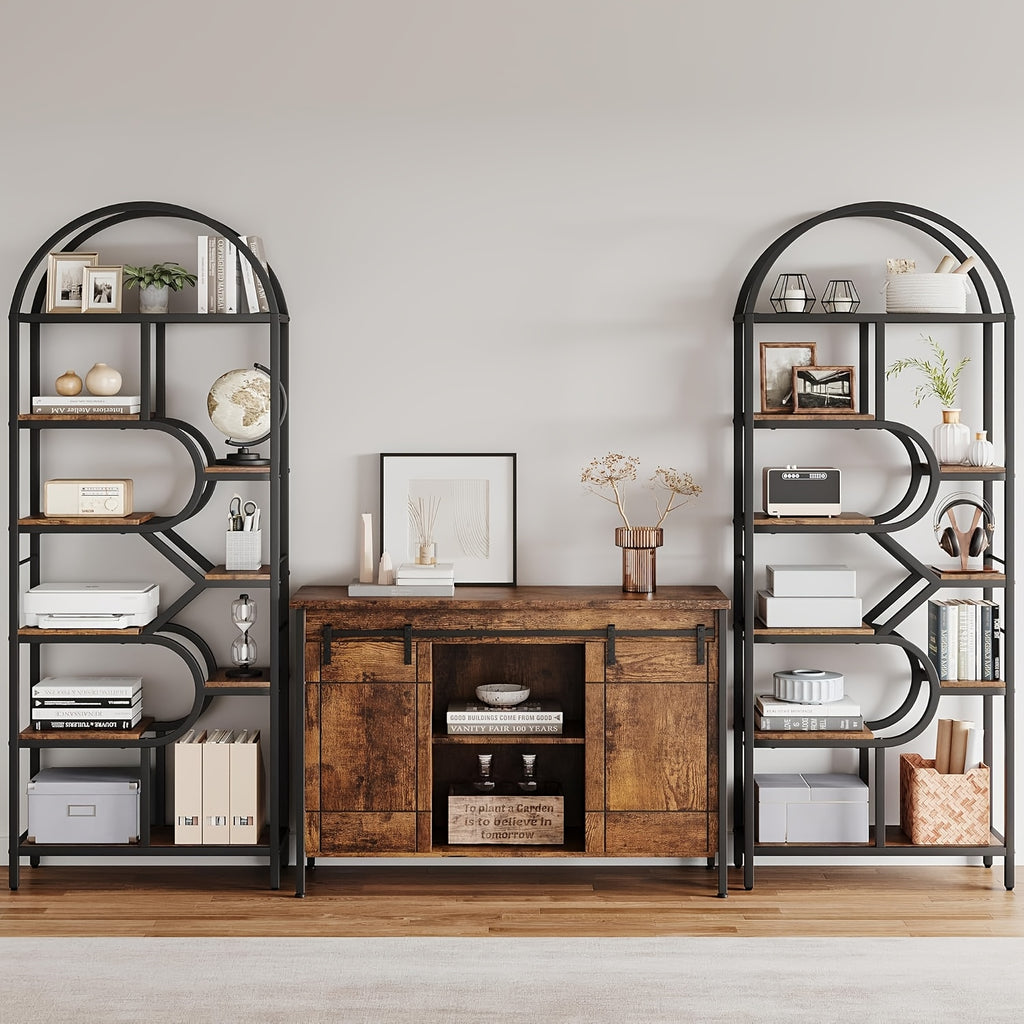Metal Farmhouse Bookcase with Arched Door & Drawer Shelving - Round Display Cabinet, Painted Freestanding Bookshelf Suitable for Living Room, Kitchen, Office - Assembly, Metal Storage Rack