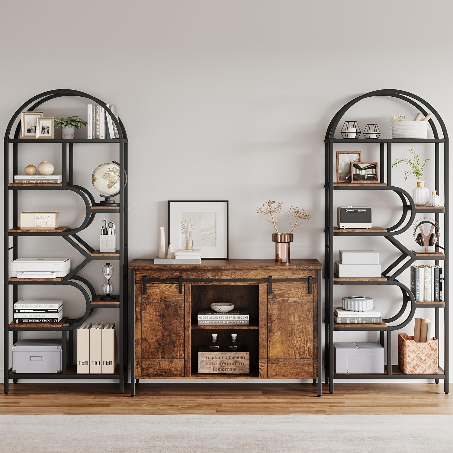 Metal Farmhouse Bookcase with Arched Door & Drawer Shelving - Round Display Cabinet, Painted Freestanding Bookshelf Suitable for Living Room, Kitchen, Office - Assembly, Metal Storage Rack