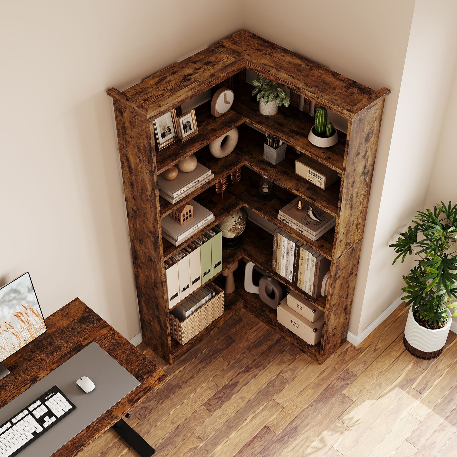 72-Inch L-Shaped Wooden Bookcase with 5 Spacious Shelves | Rustic Design, Anti-Tip Safety, Easy Assembly, Ideal for Living Room or Office, Dimensions 35.6\