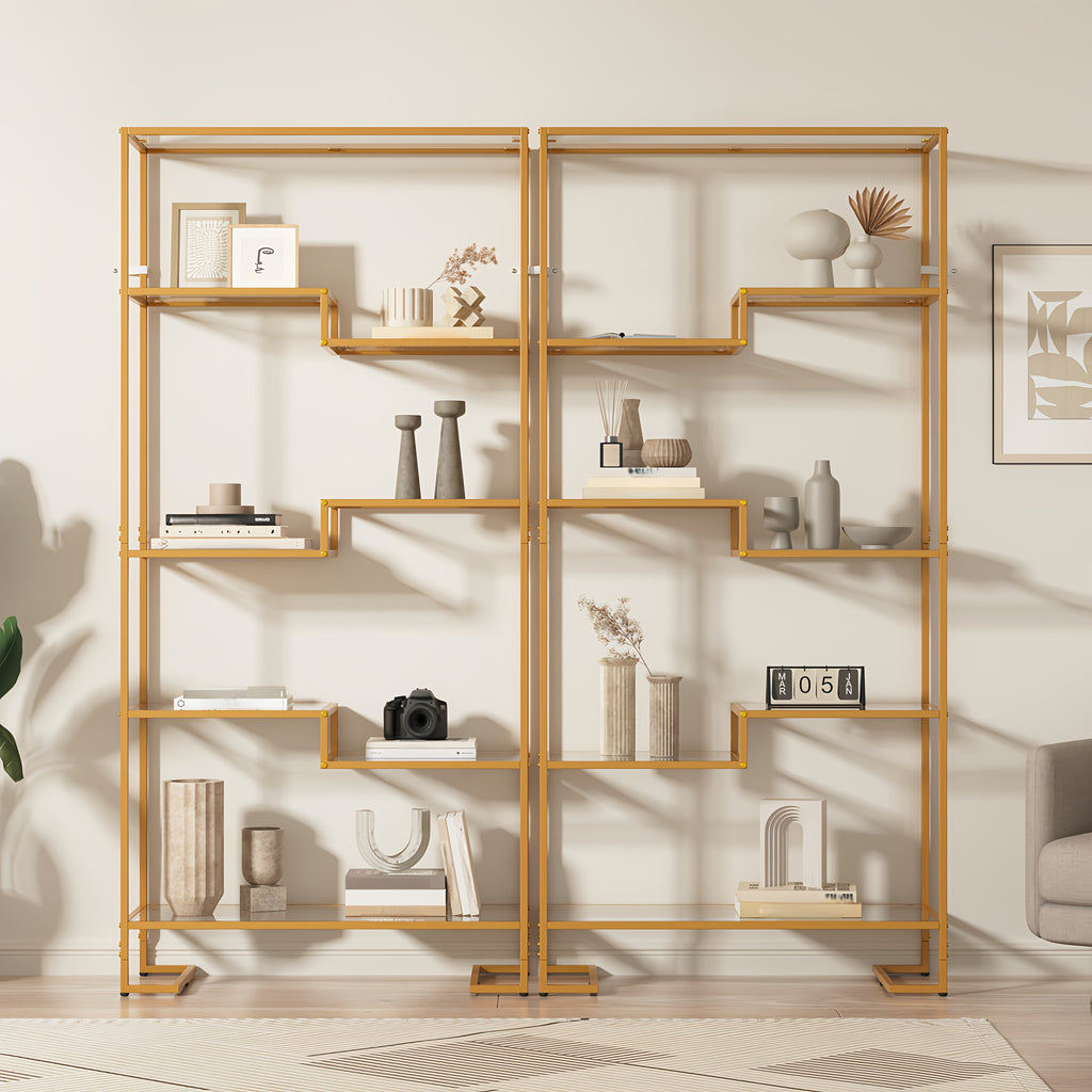 5-Tier Modern Tall Bookshelf with Glass Shelves & Metal Frame - Golden\u002FBlack Open Shelving Display Case Suitable for Living Room, Home Office, Bedroom - Easy Assembly, Sturdy Glass & Metal
