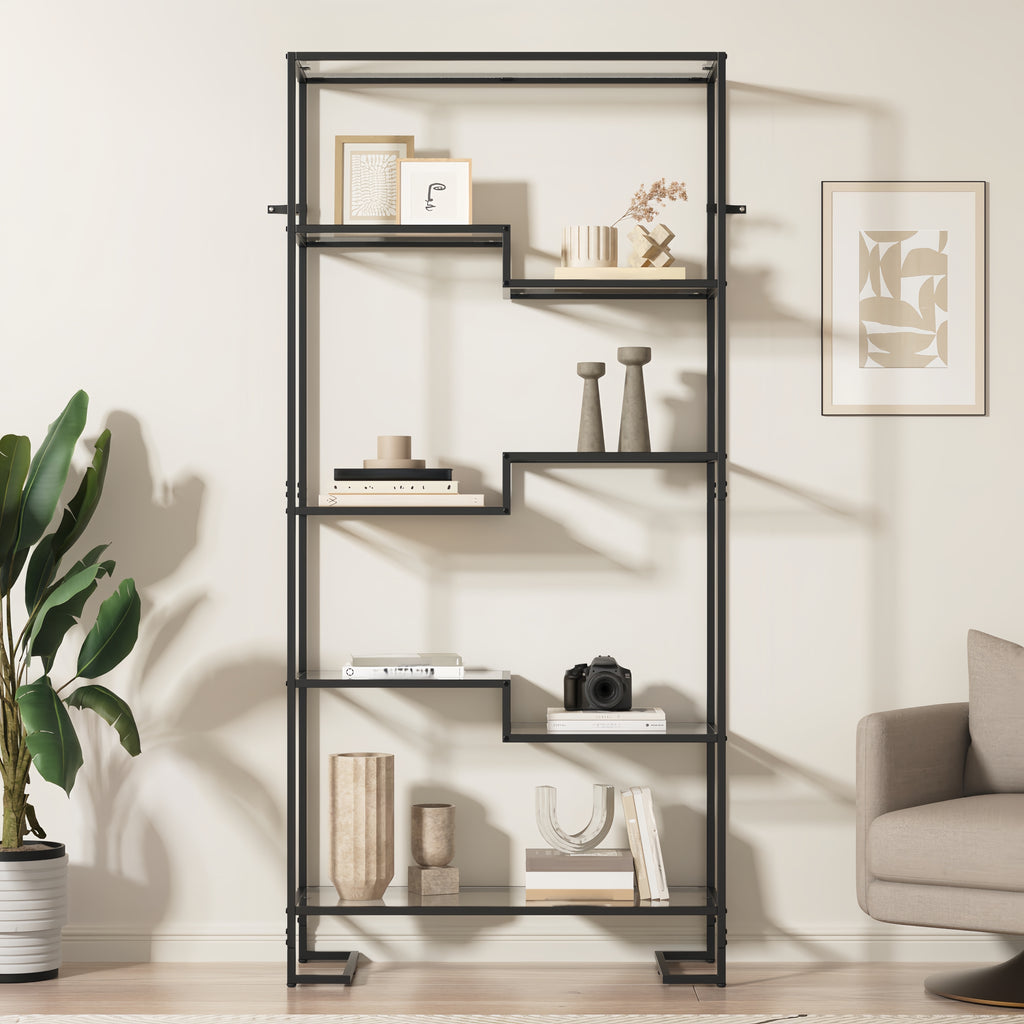 5-Tier Modern Tall Bookshelf with Glass Shelves & Metal Frame - Golden\u002FBlack Open Shelving Display Case Suitable for Living Room, Home Office, Bedroom - Easy Assembly, Sturdy Glass & Metal