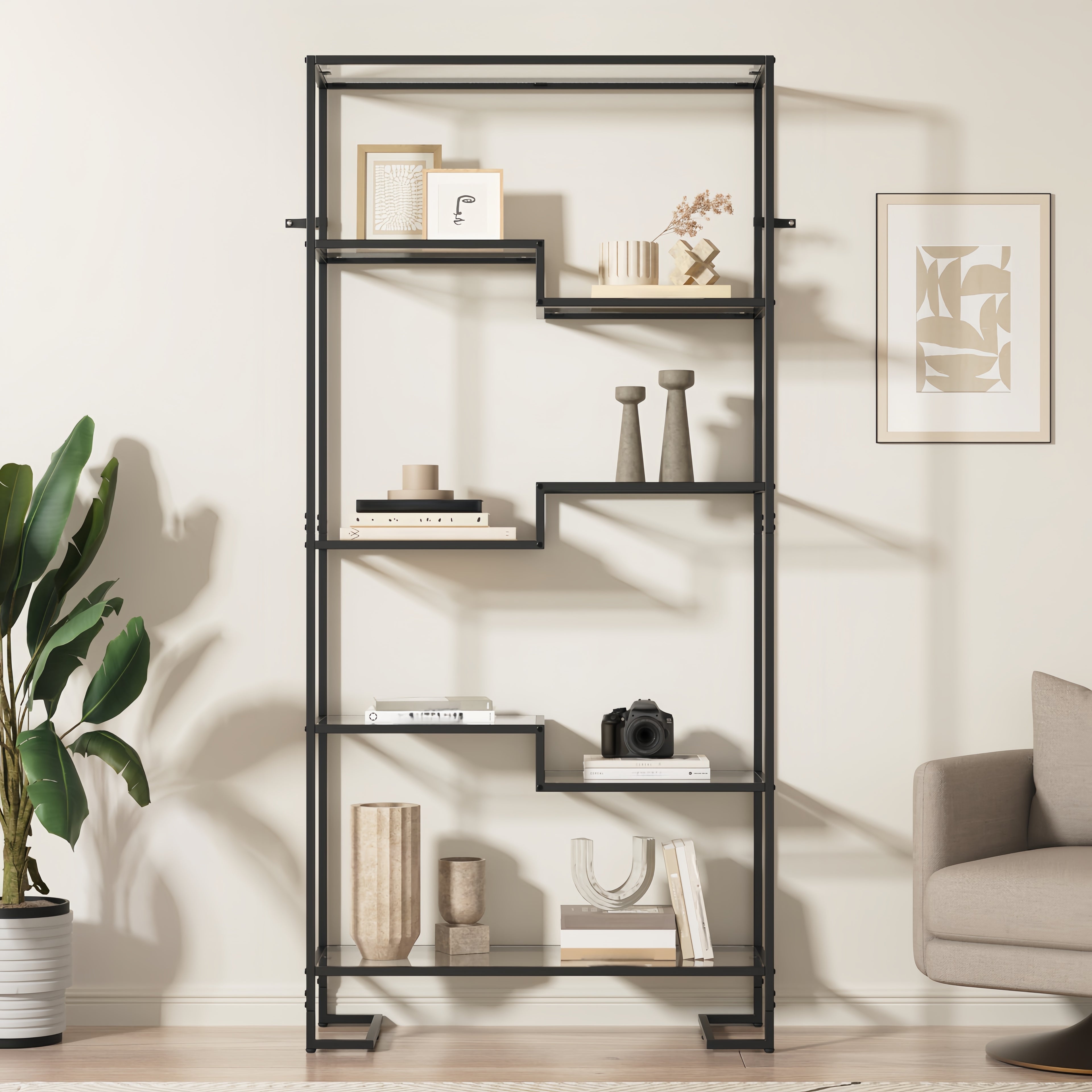 5-Tier Modern Tall Bookshelf with Glass Shelves & Metal Frame - Golden\u002FBlack Open Shelving Display Case Suitable for Living Room, Home Office, Bedroom - Easy Assembly, Sturdy Glass & Metal