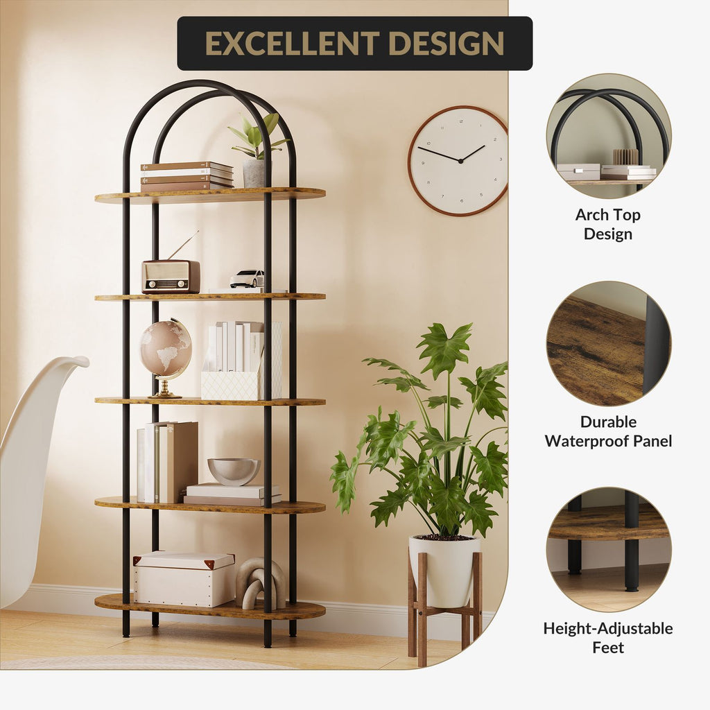 5-Tier Modern Arched Bookshelf with Metal Frame & Shelves - Adjustable Feet Freestanding Tall Display Shelf Suitable for Bedroom, Living Room, Bookcase for Books, Decor, Display, Assembly Required, Arched for Narrow Spaces