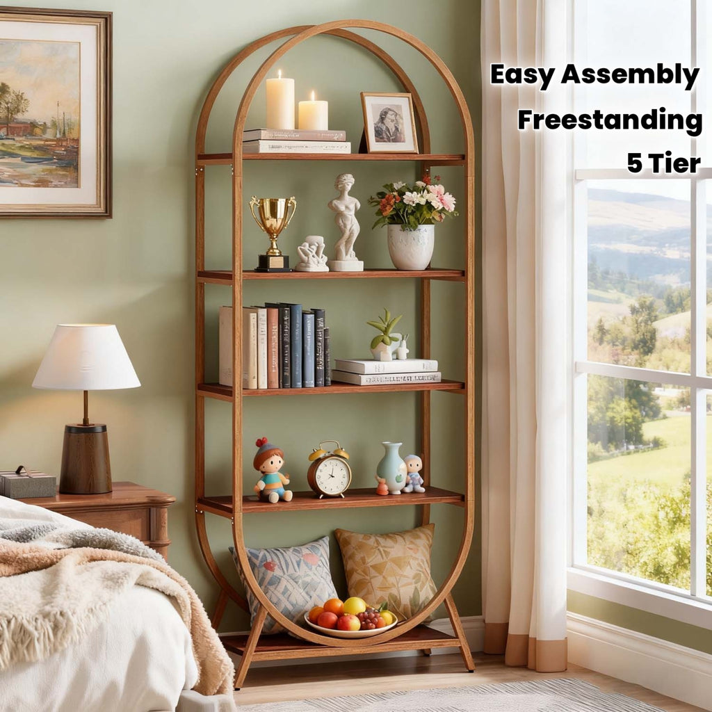 1pc Modern Brown 5-Tier Arched Bookcase Tall 70.8\