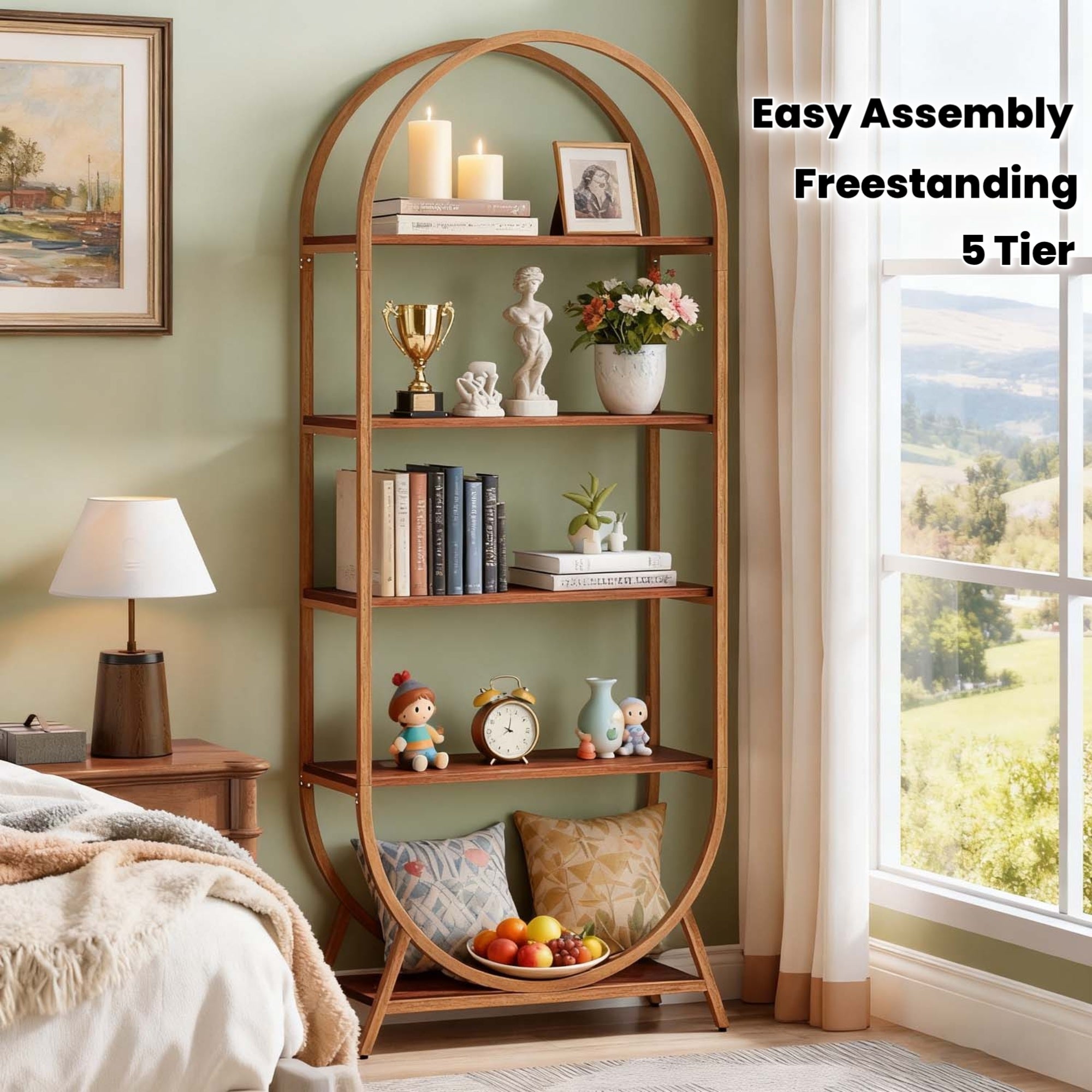1pc Modern Brown 5-Tier Arched Bookcase Tall 70.8\
