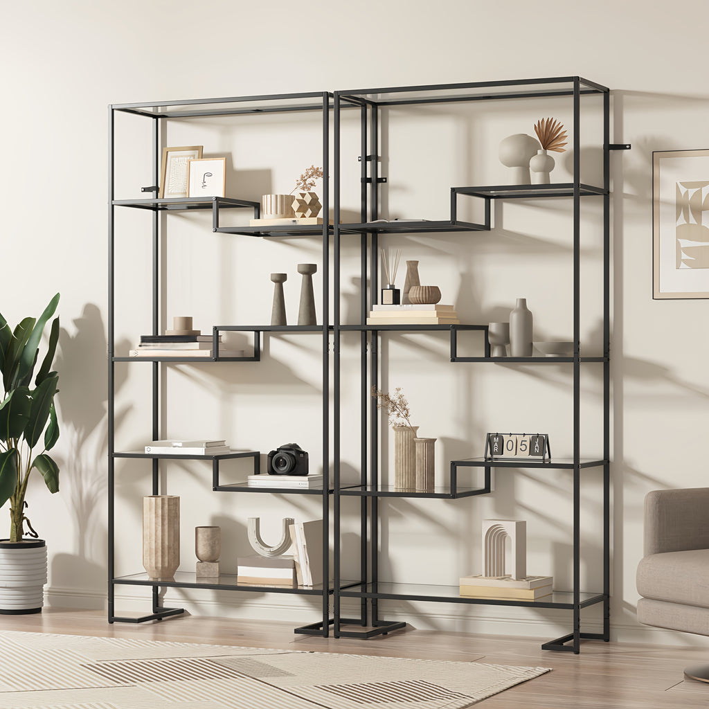 5-Tier Modern Tall Bookshelf with Glass Shelves & Metal Frame - Golden\u002FBlack Open Shelving Display Case Suitable for Living Room, Home Office, Bedroom - Easy Assembly, Sturdy Glass & Metal