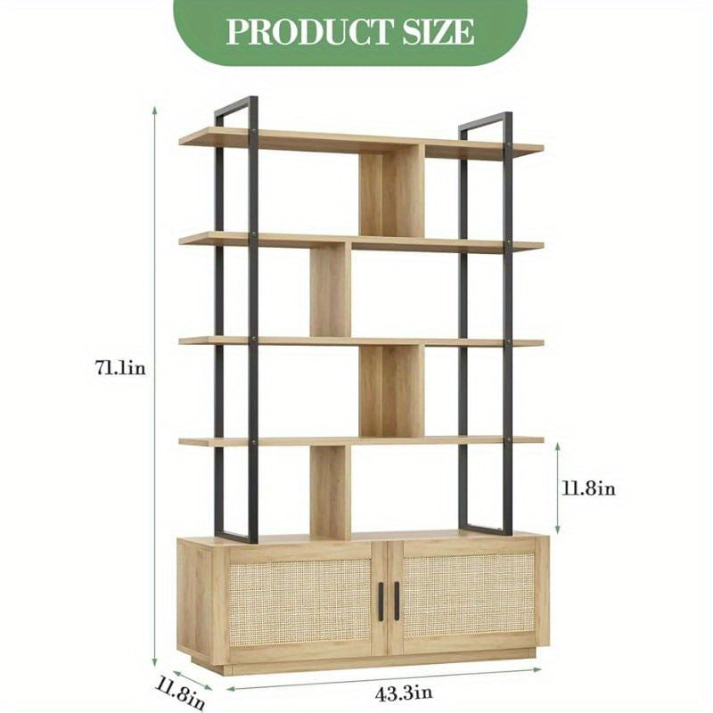 5-Tier Tall Bookshelf with Wide Open Shelves - Freestanding Metal Frame & Rattan Bookcase Suitable for Living Room, Bedroom, Home Office - Assembly, Spacious Storage, Modern Classic