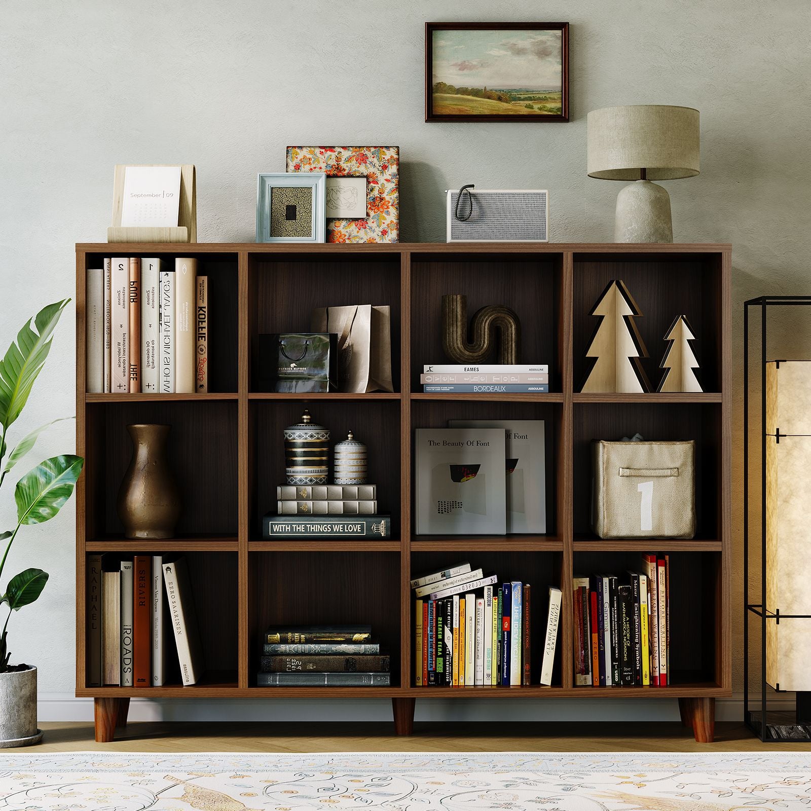 12 Cube Storage Organizer Shelf with Base | Freestanding Open Bookcase and Display Cabinet Organizer for Living Room, Bedroom, and Home Office - Contemporary Style, Hardwood, Mixed Color, Assembled