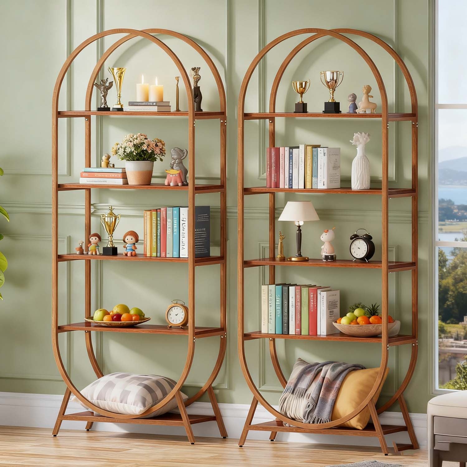 1pc Modern Brown 5-Tier Arched Bookcase Tall 70.8\