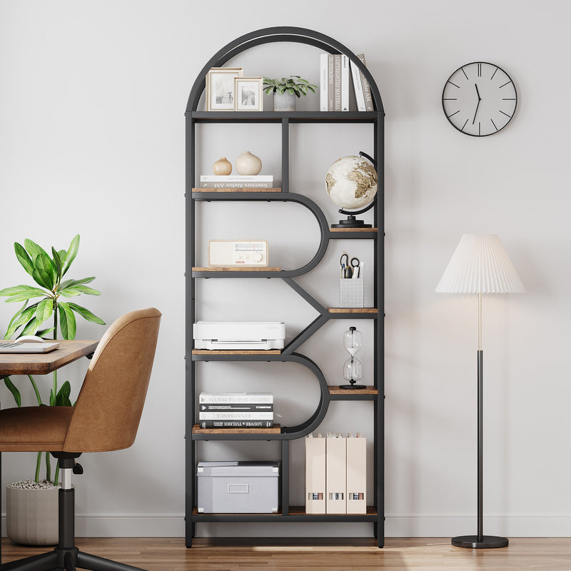 6-Tier Arched Bookshelf with Geometric Open Shelves, 81.7in Tall Modern Metal Frame Book Rack for Bedroom, Living Room, and Home Office Storage