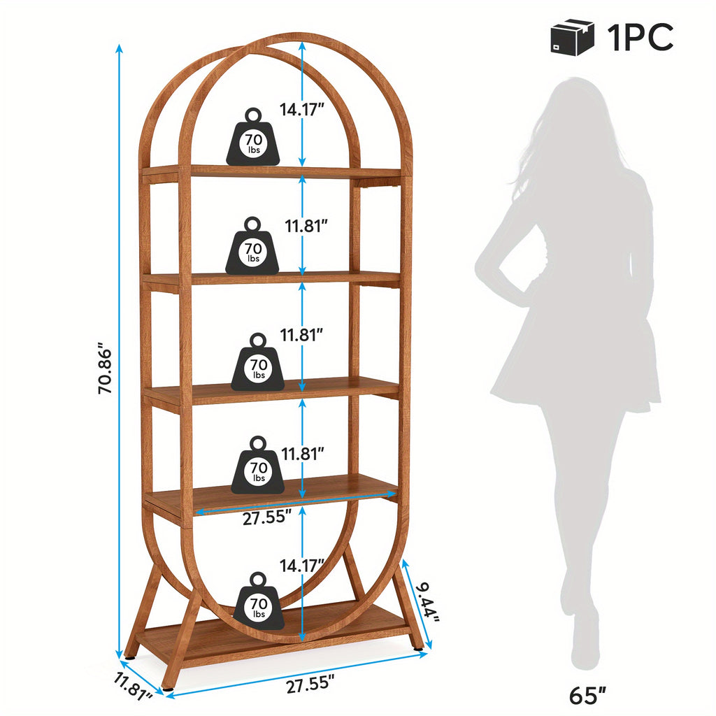 1pc Modern Brown 5-Tier Arched Bookcase Tall 70.8\
