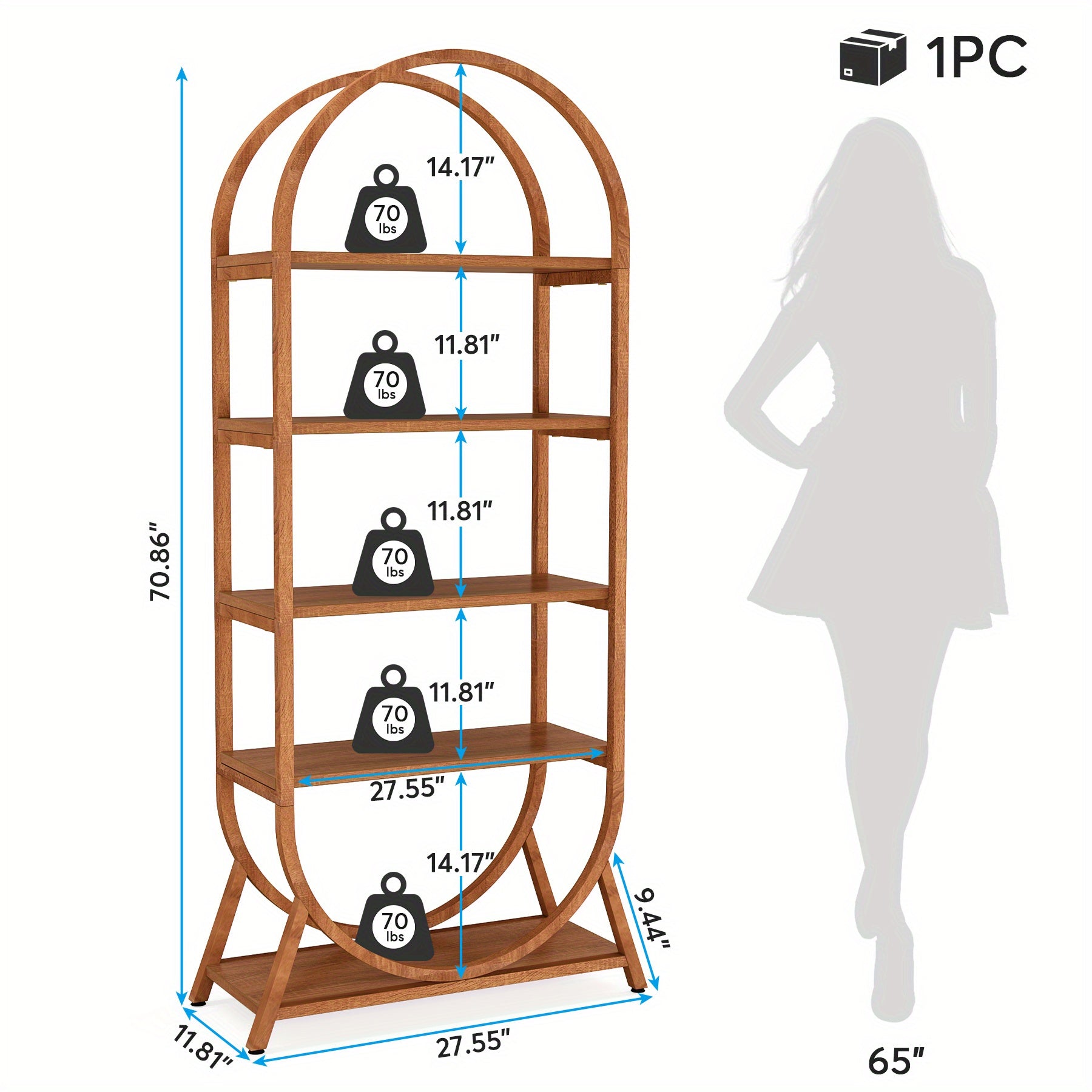 1pc Modern Brown 5-Tier Arched Bookcase Tall 70.8\