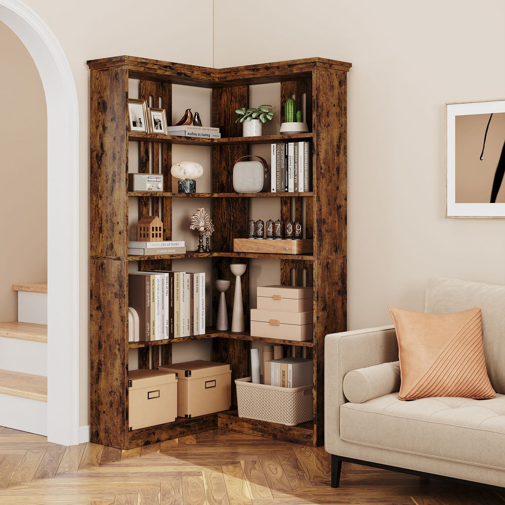 72-Inch L-Shaped Wooden Bookcase with 5 Spacious Shelves | Rustic Design, Anti-Tip Safety, Easy Assembly, Ideal for Living Room or Office, Dimensions 35.6\