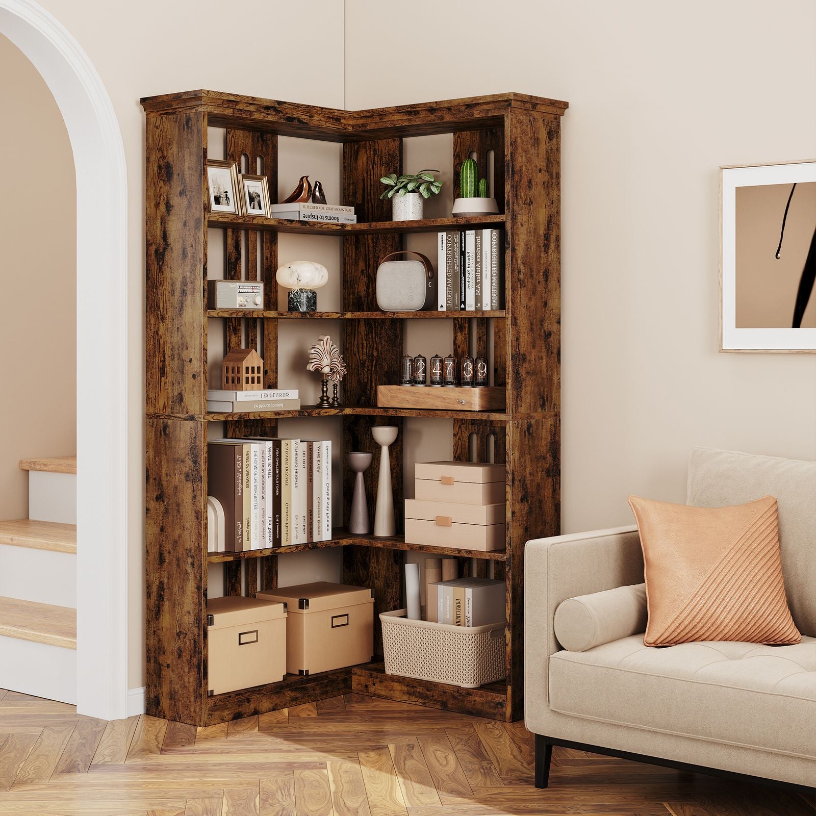 72-Inch L-Shaped Wooden Bookcase with 5 Spacious Shelves | Rustic Design, Anti-Tip Safety, Easy Assembly, Ideal for Living Room or Office, Dimensions 35.6\
