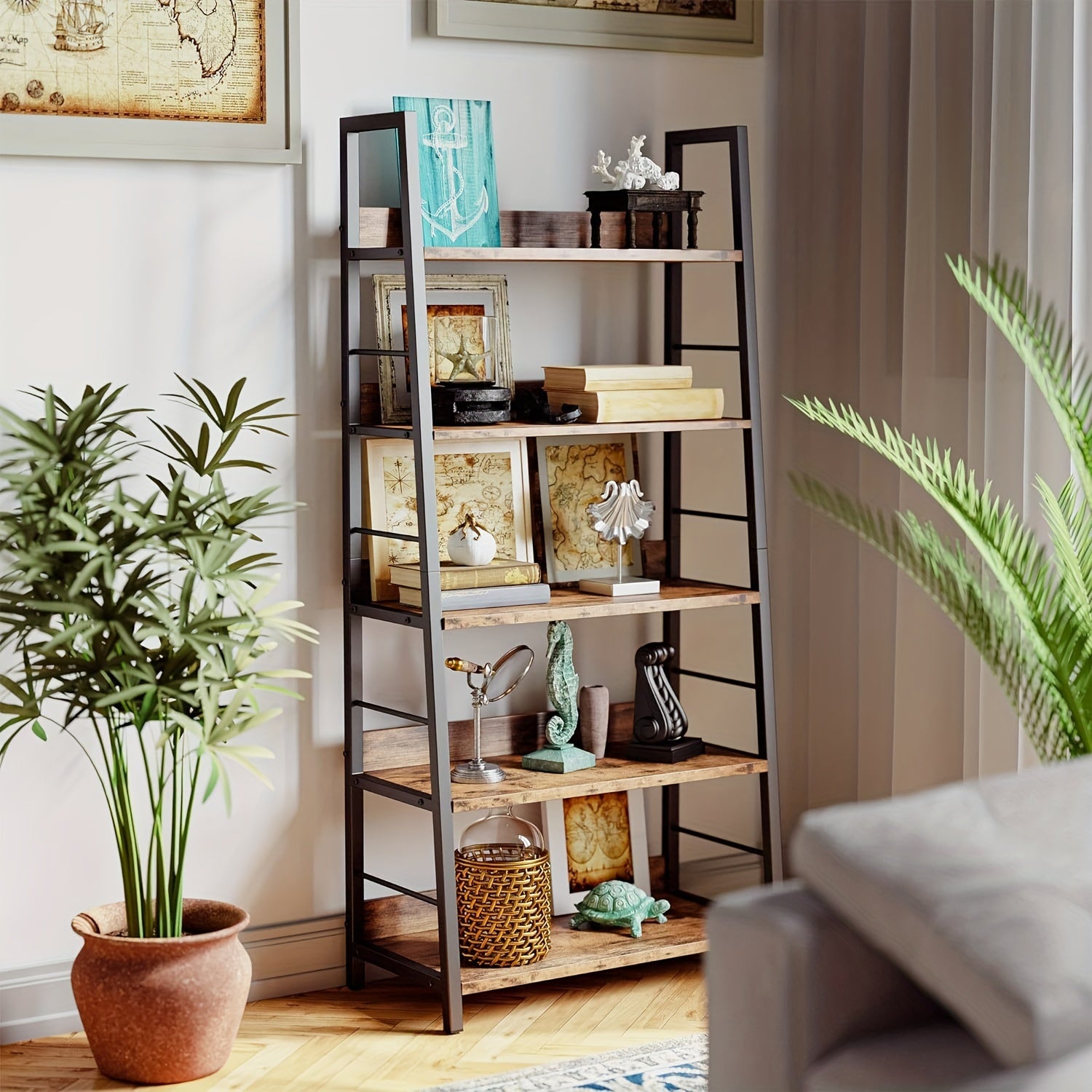 Industrial Style Living Room Ladder Shelf Bookshelf And Bookcase, Bookshelf, Ladder Shelf, 5-layer Metal Frame, Suitable For Living Room, Home Office Multi-scene Multi-purpose, Country Brown